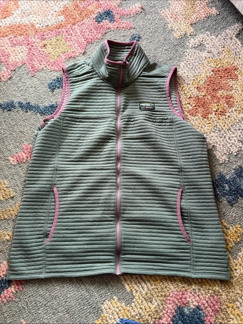 L.L. Bean Quilted Vest in Sage Green with Mauve Trim